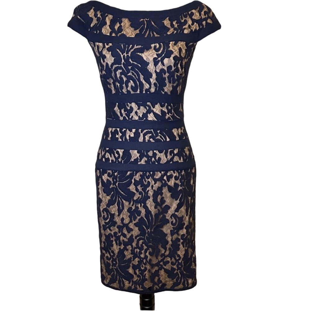Tadashi Shoji Navy and Beige Lace Midi Dress
